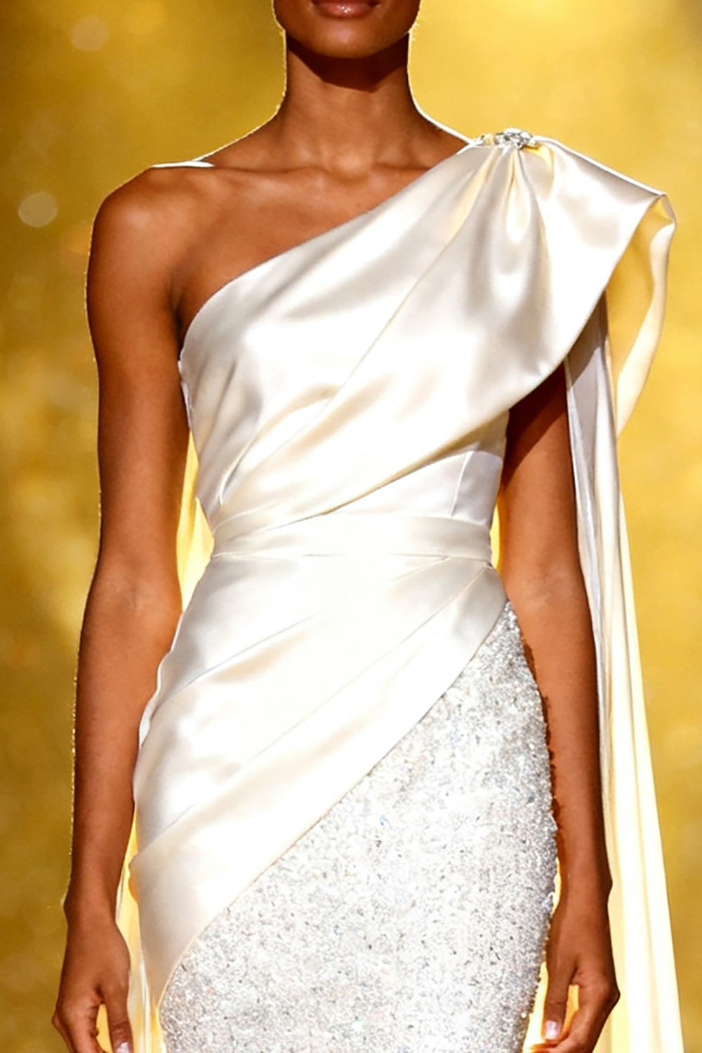 Sparkly Sequins White Mermaid One Shoulder Long Pageant Dress with Side Cape