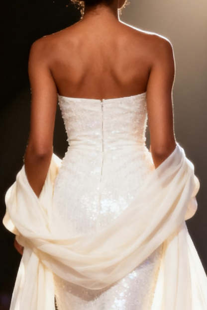 Sparkly White Sequins Mermaid Strapless Maxi Pageant Dress