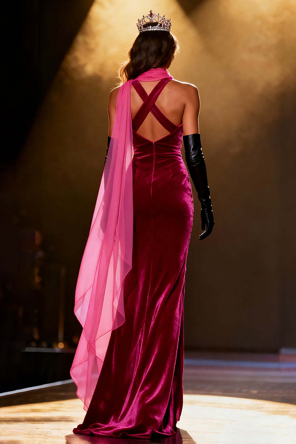 Sparkly Fuchsia Velvet Mermaid Neck Scarf Maxi Pageant Dress with Slit