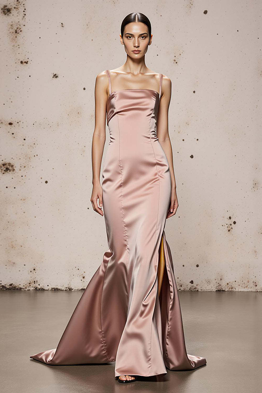 Leely Women Light Pink Mermaid Satin Long Formal Dress with Slit Spaghetti Straps Sleeveless Evening Dress