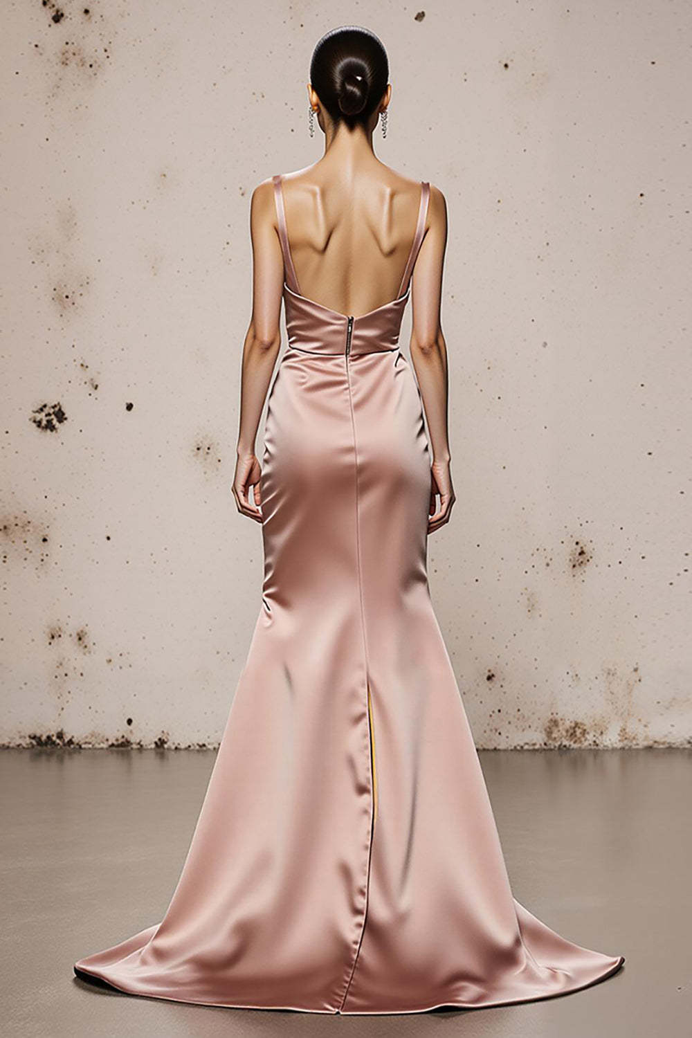 Light Pink Satin Spaghetti Straps Mermaid Long Formal Dress with Slit