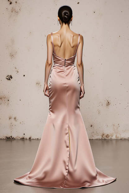 Light Pink Satin Spaghetti Straps Mermaid Long Formal Dress with Slit