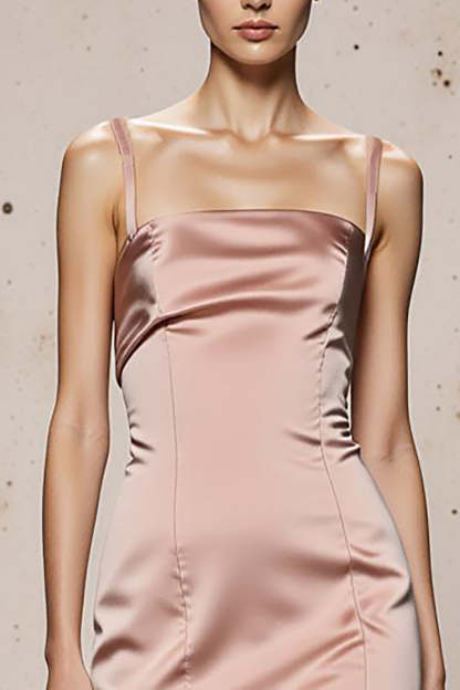 Light Pink Satin Spaghetti Straps Mermaid Long Formal Dress with Slit