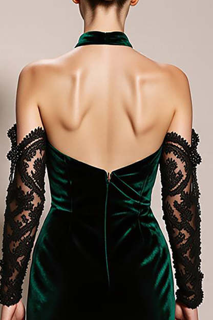 Dark Green Halter Velvet Mermaid Maxi Formal Dress