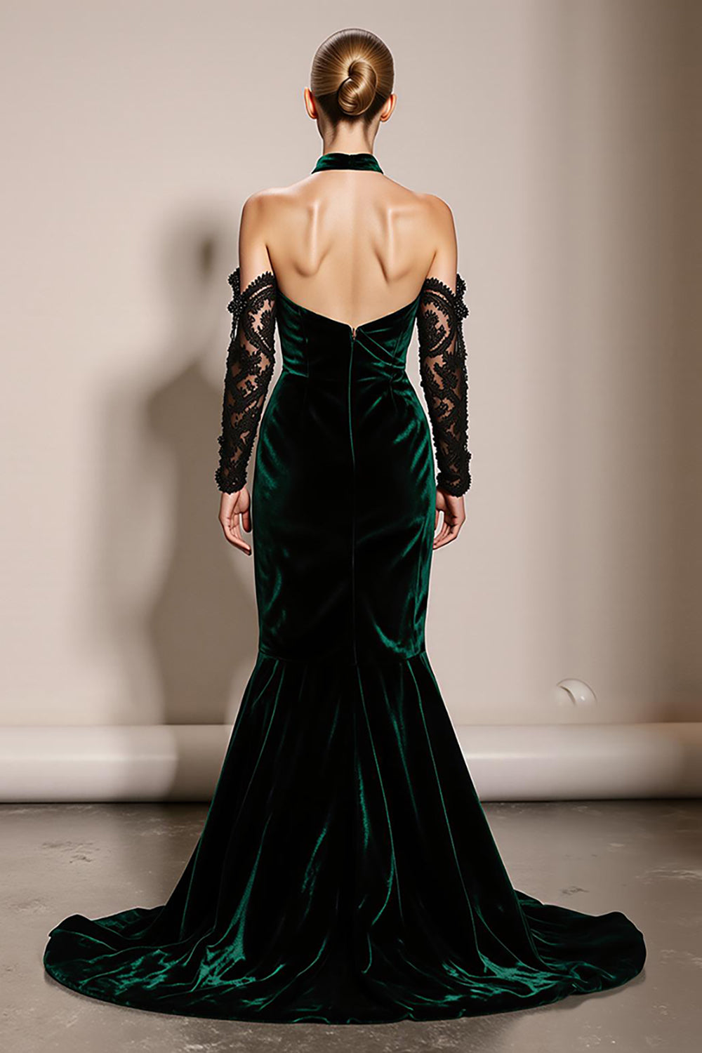 Dark Green Halter Velvet Mermaid Maxi Formal Dress