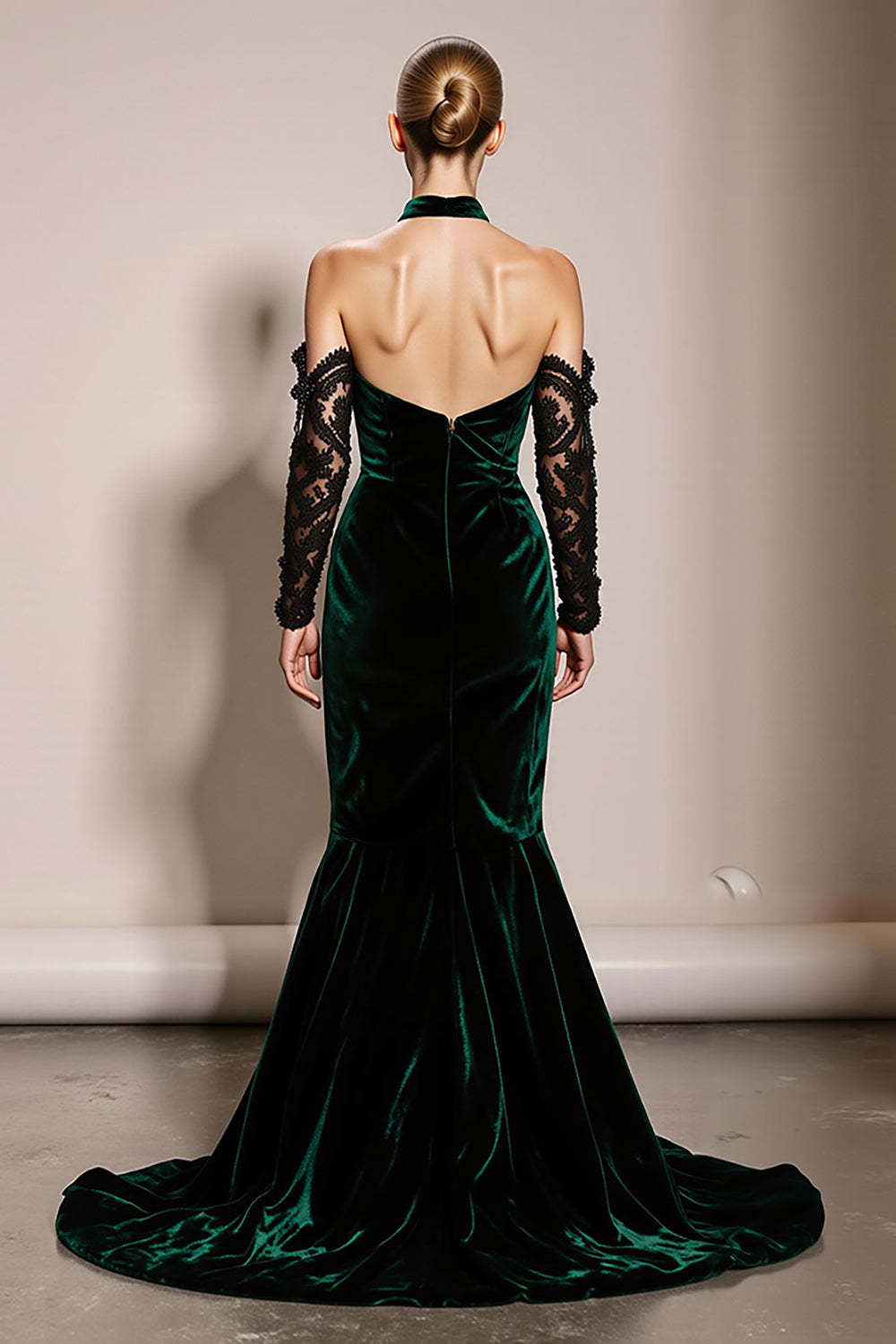 Dark Green Halter Velvet Mermaid Maxi Formal Dress