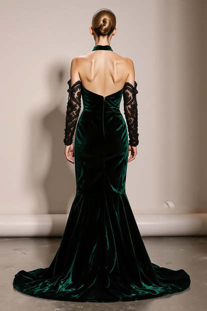 Dark Green Halter Velvet Mermaid Maxi Formal Dress