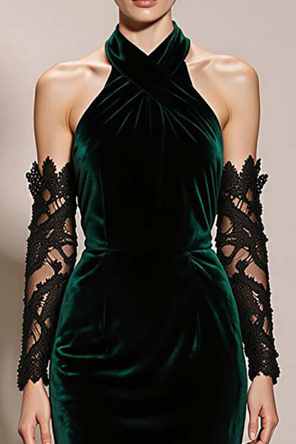Dark Green Halter Velvet Mermaid Maxi Formal Dress