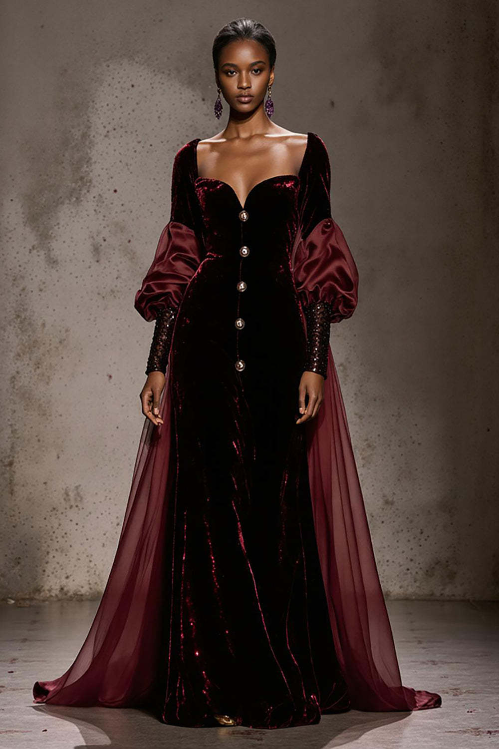 Leely Women Glitter Burgundy Velvet Long Evening Dress with Cape Long Sleeves Gala Dress