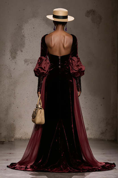Burgundy Velvet Long Sleeves Evening Dress with Cape