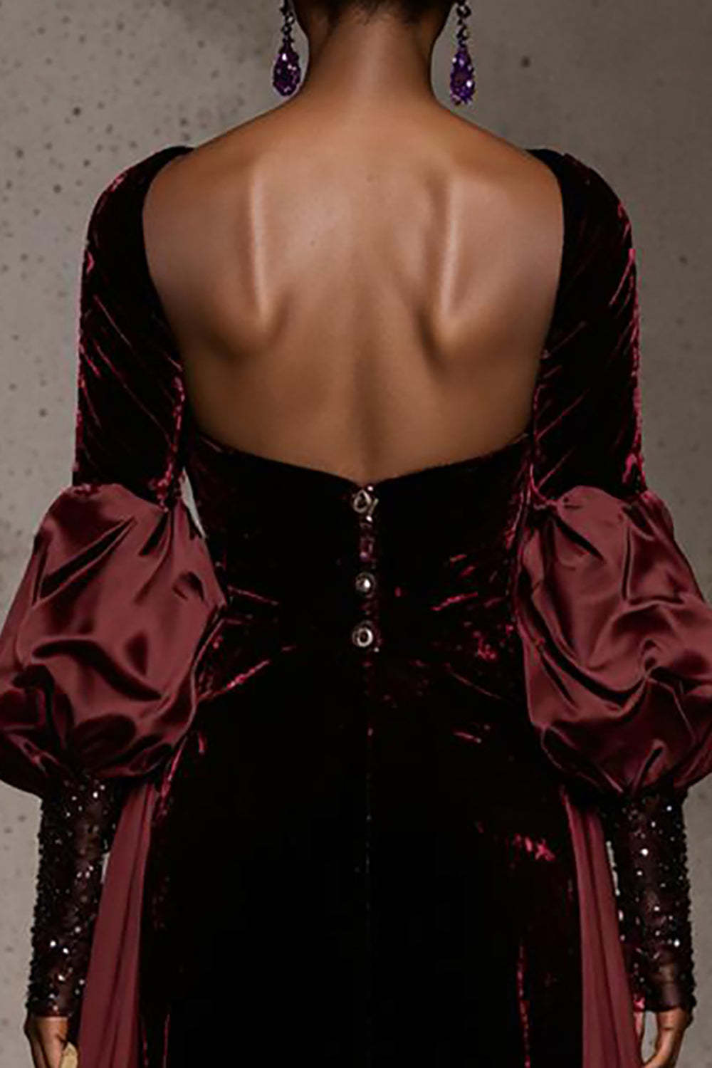 Burgundy Velvet Long Sleeves Evening Dress with Cape
