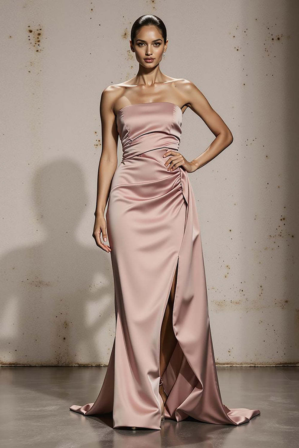Leely Women Light Pink Long Satin Formal Dress with Slit Strapless Mermaid Backless Evening Dress