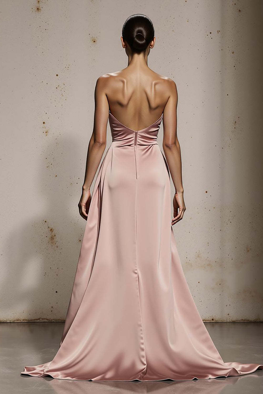 Simple Light Pink Strapless Satin Long Formal Dress with Slit