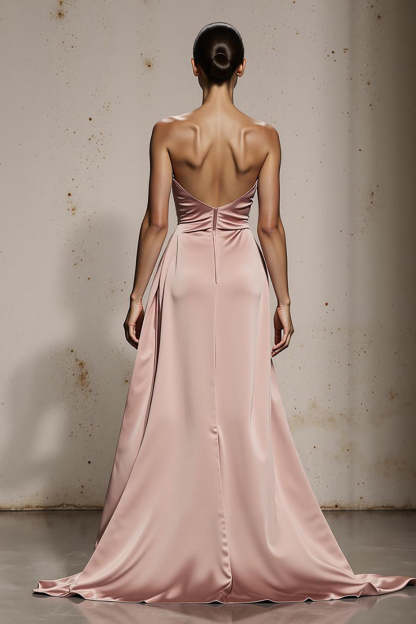 Simple Light Pink Strapless Satin Long Formal Dress with Slit