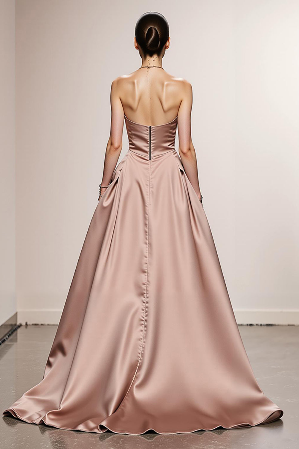 Simple Light Pink A Line Satin Strapless Maxi Formal Dress