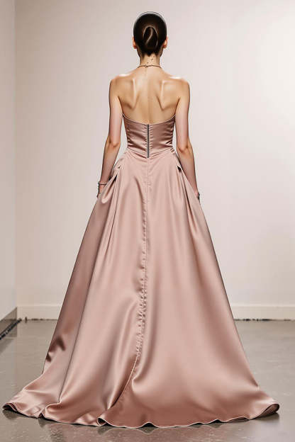 Simple Light Pink A Line Satin Strapless Maxi Formal Dress