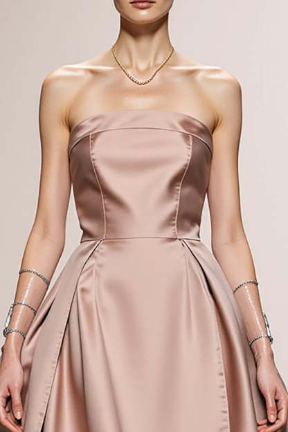 Simple Light Pink A Line Satin Strapless Maxi Formal Dress
