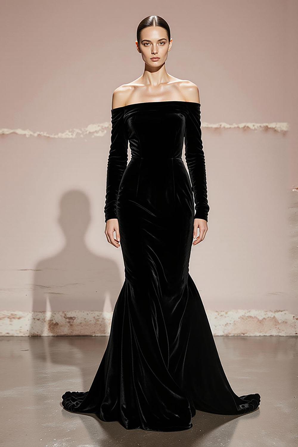 Black Velvet Off the Shoulder Long Mermaid Formal Dress with Sleeves