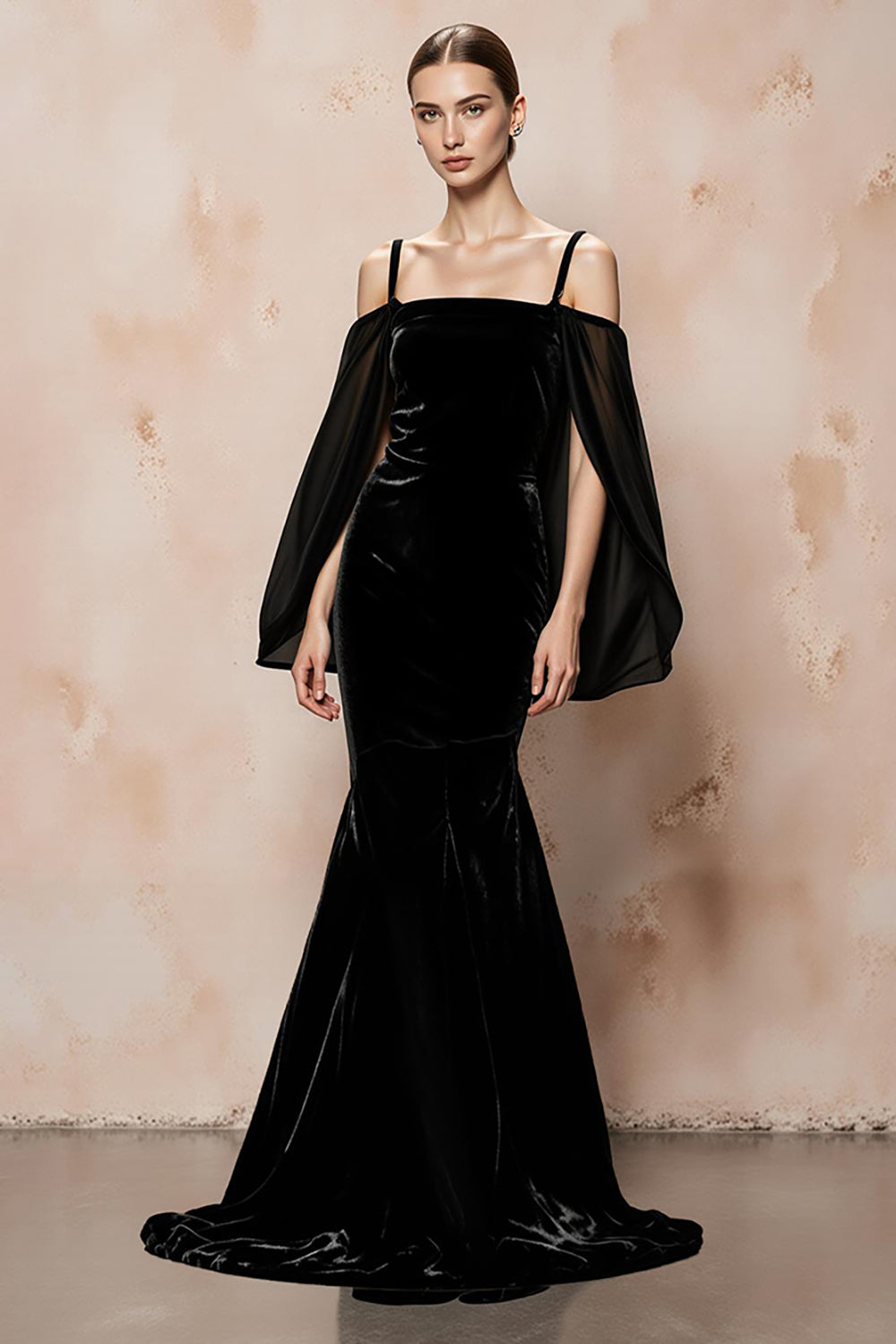 Leely Women Black Long Velvet Formal Dress with Cape Cold Shoulder Mermaid Holiday Party Dress