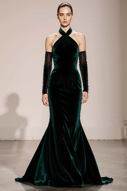 Leely Women Dark Green Long Velvet Formal Dress Mermaid Halter Holiday Party Dress