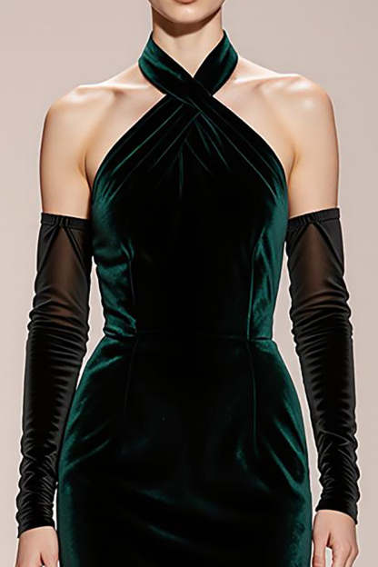 Dark Green Halter Mermaid Velvet Long Formal Dress