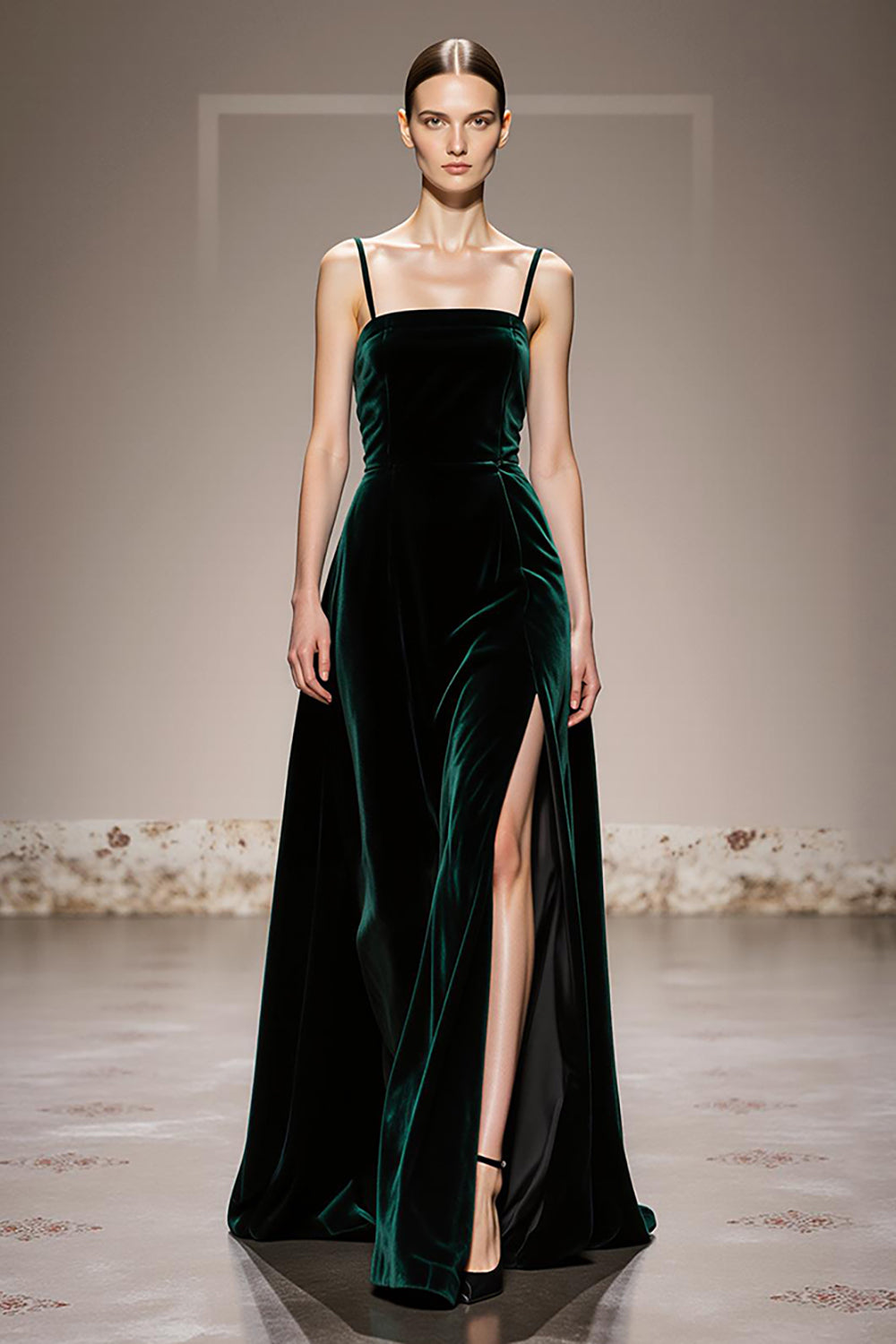 Dark Green Velvet Spaghetti Straps Maxi Formal Dress with Slit