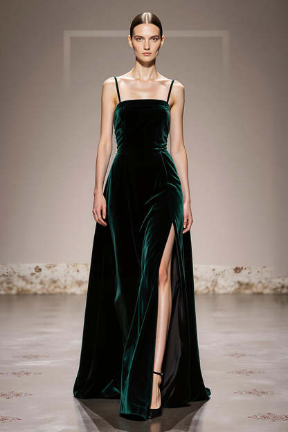 Leely Women Dark Green Velvet Maxi Formal Dress with Slit Spaghetti Straps A Line Holiday Party Dress