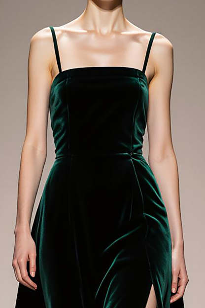 Dark Green Velvet Spaghetti Straps Maxi Formal Dress with Slit