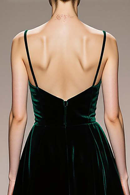 Dark Green Velvet Spaghetti Straps Maxi Formal Dress with Slit