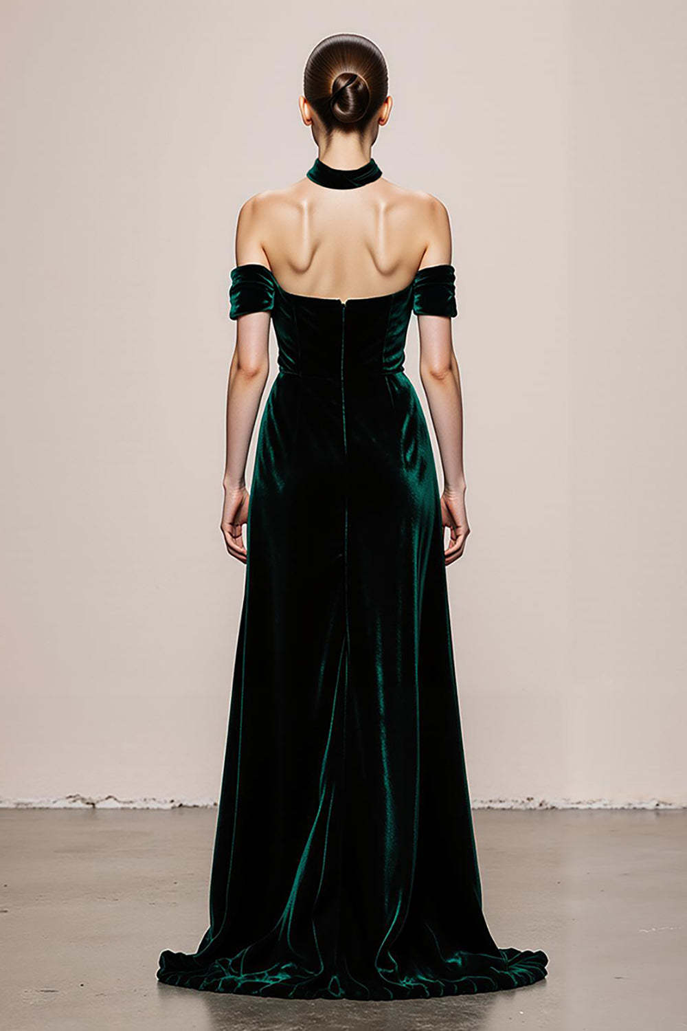 Simple Dark Green Velvet Long Halter Formal Dress with Slit