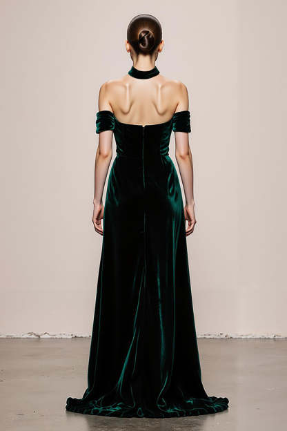Simple Dark Green Velvet Long Halter Formal Dress with Slit