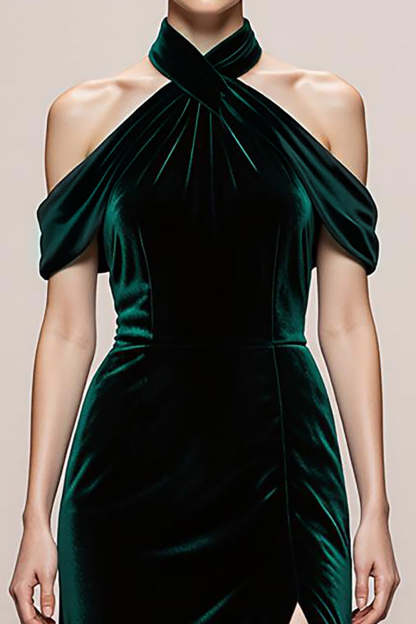Simple Dark Green Velvet Long Halter Formal Dress with Slit