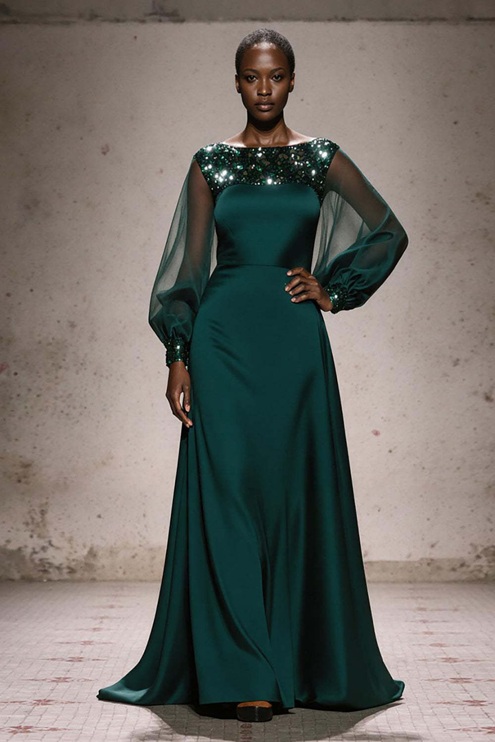 Leely Women Sparkly Dark Green Satin Long Evening Dress Boat Neck A Line Long Sleeves Gala Dress