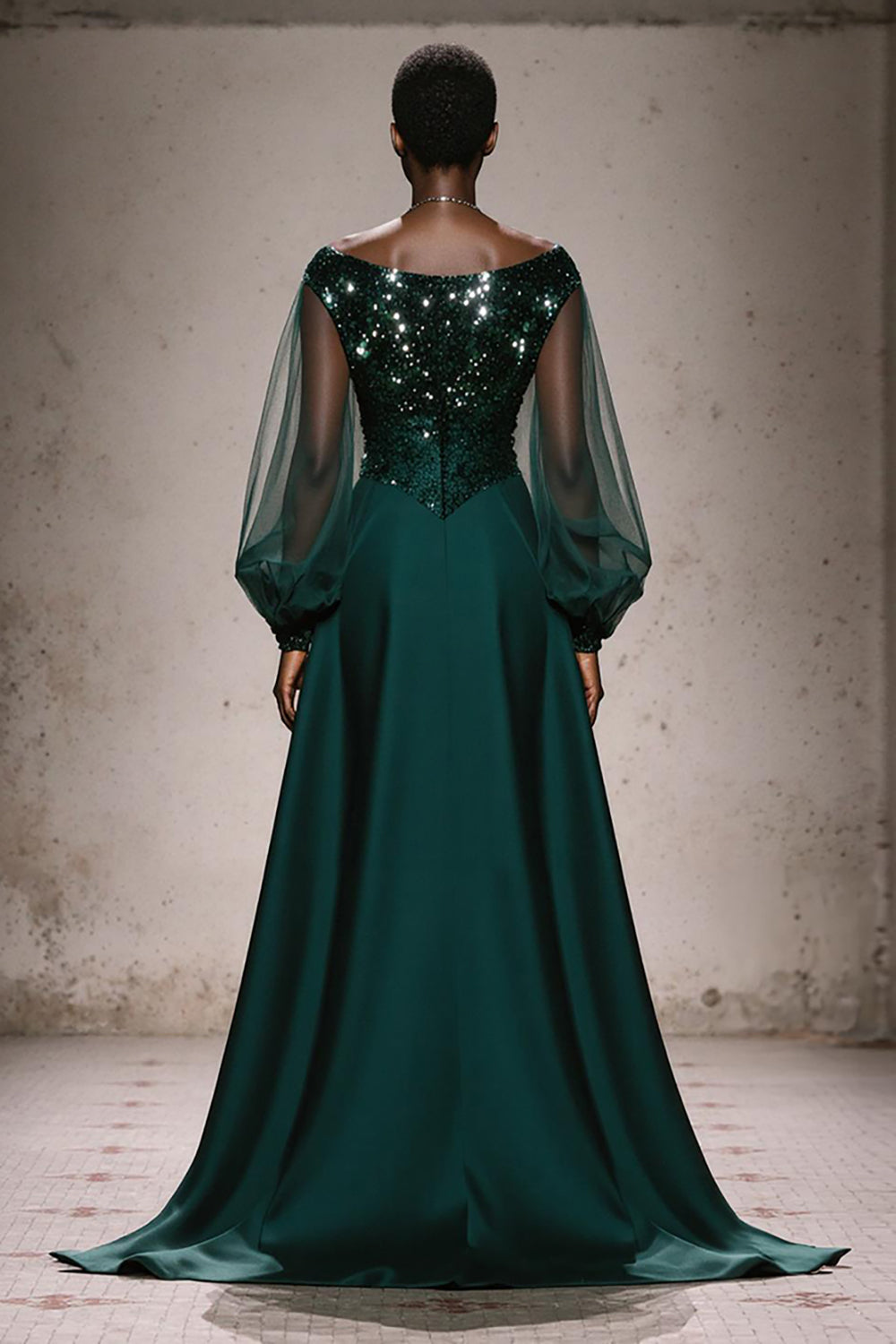 Sparkly Dark Green Boat Neck A Line Maxi Gala Dress with Sleeves