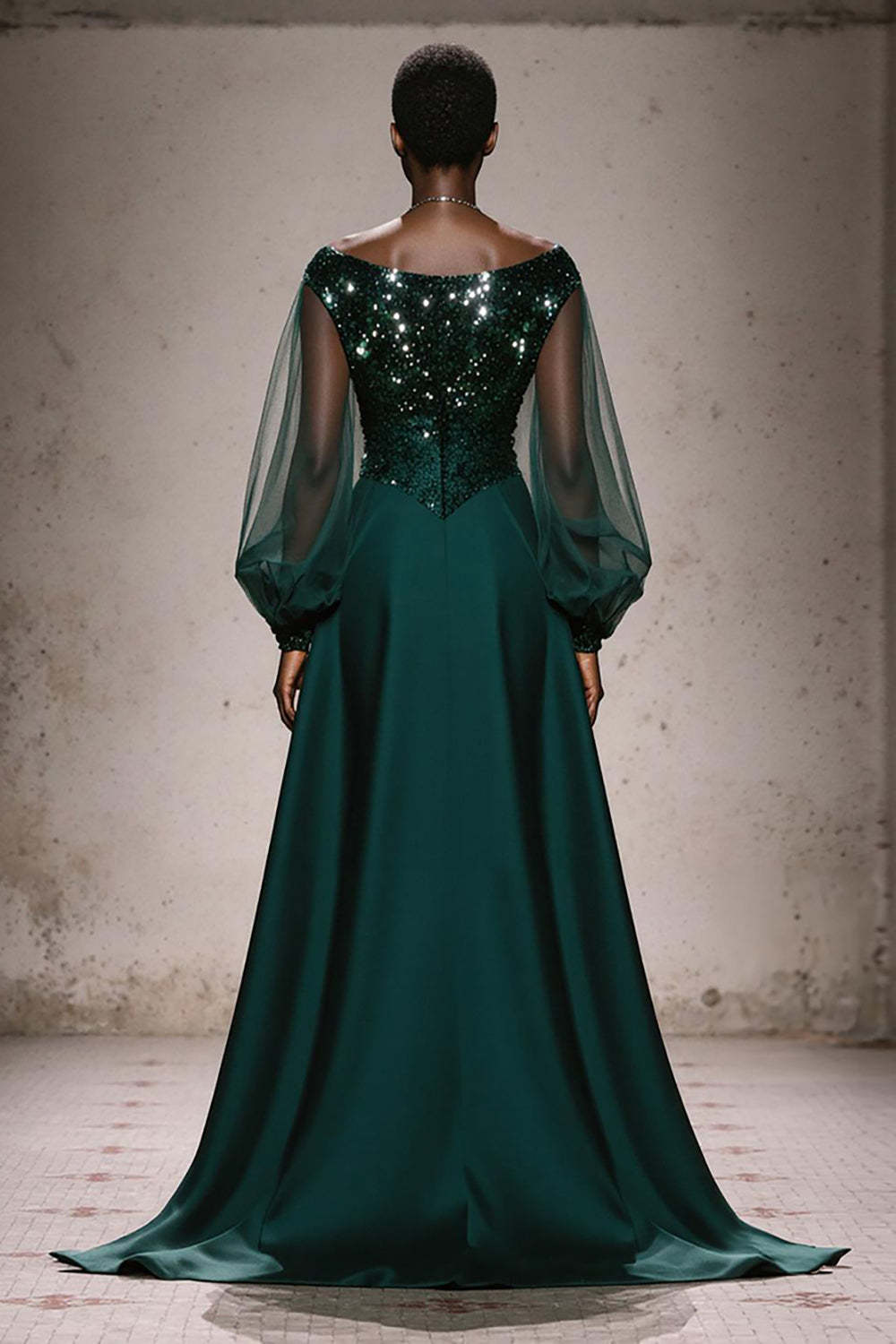 Sparkly Dark Green Boat Neck A Line Maxi Gala Dress with Sleeves