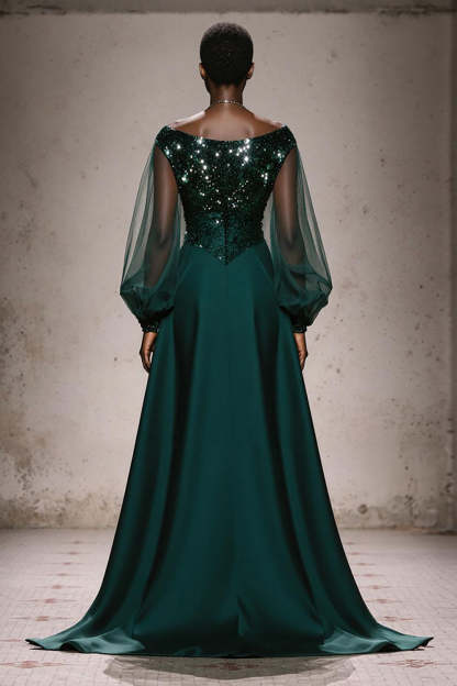 Sparkly Dark Green Boat Neck A Line Maxi Gala Dress with Sleeves