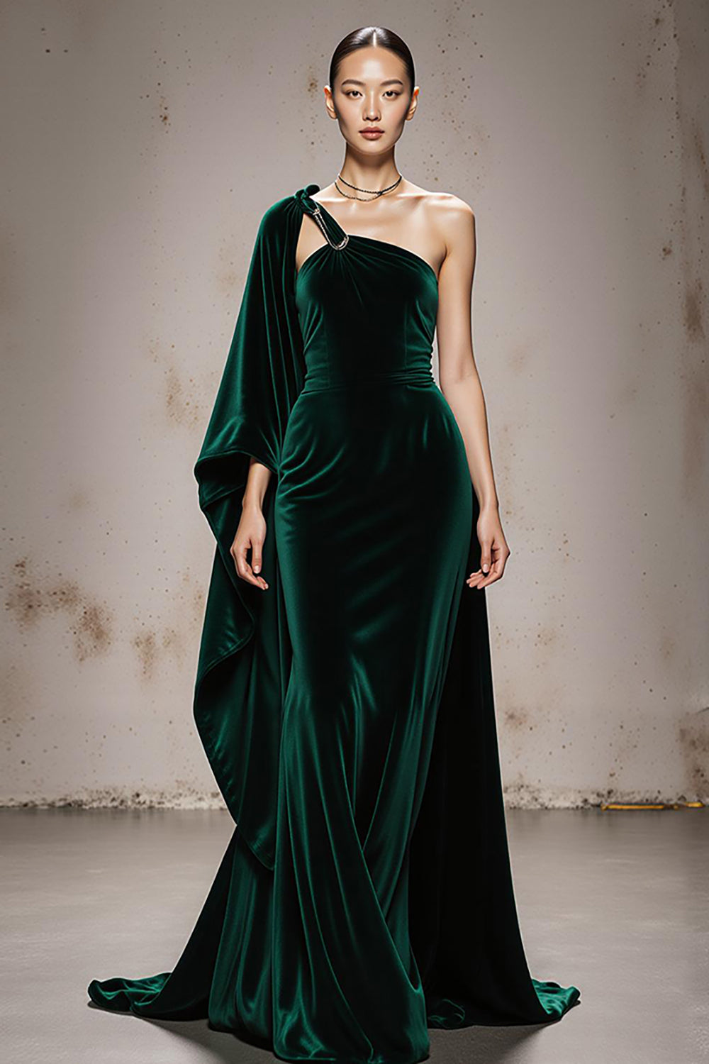 Dark Green Mermaid Velvet Long Formal Dress with Cape