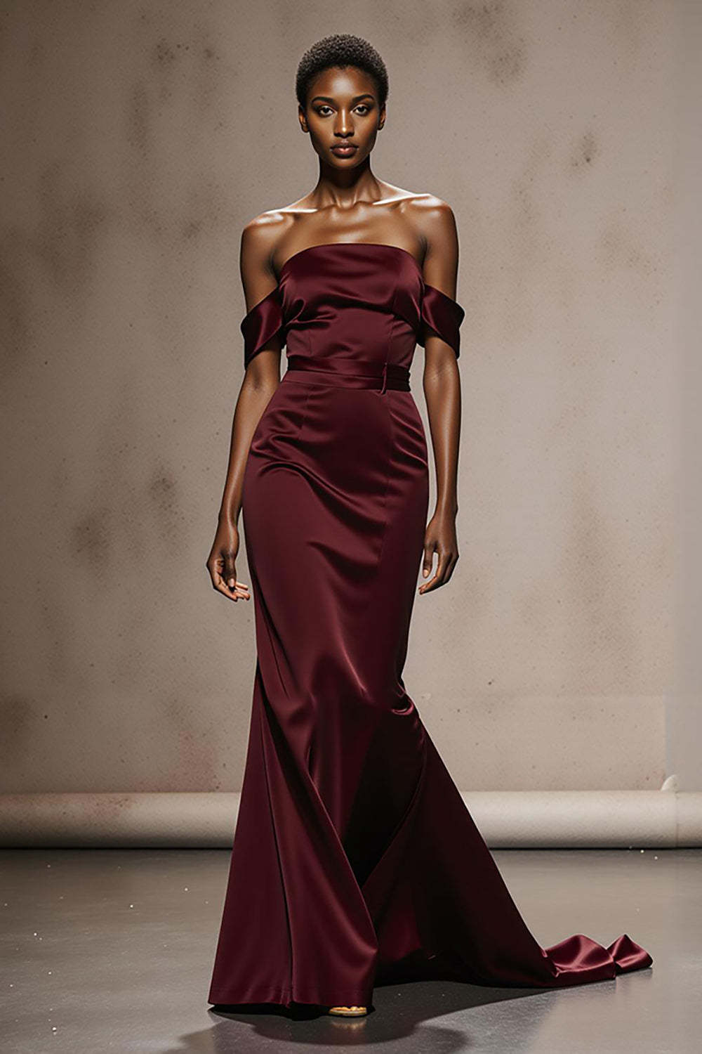 Leely Women Burgundy Satin Maxi Formal Dress Mermaid Off the Shoulder Evening Dress