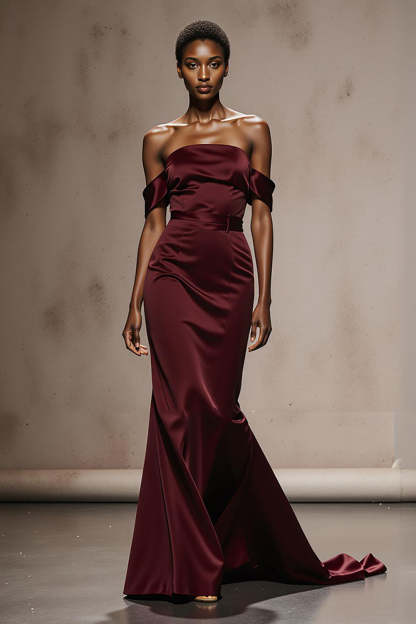 Leely Women Burgundy Satin Maxi Formal Dress Mermaid Off the Shoulder Evening Dress