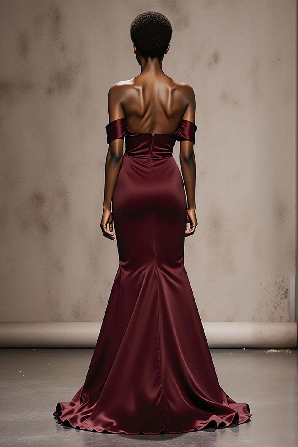 Burgundy Satin Mermaid Off the Shoulder Maxi Formal Dress