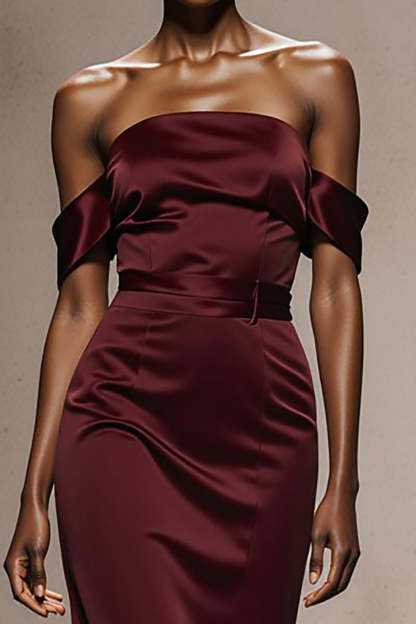 Burgundy Satin Mermaid Off the Shoulder Maxi Formal Dress