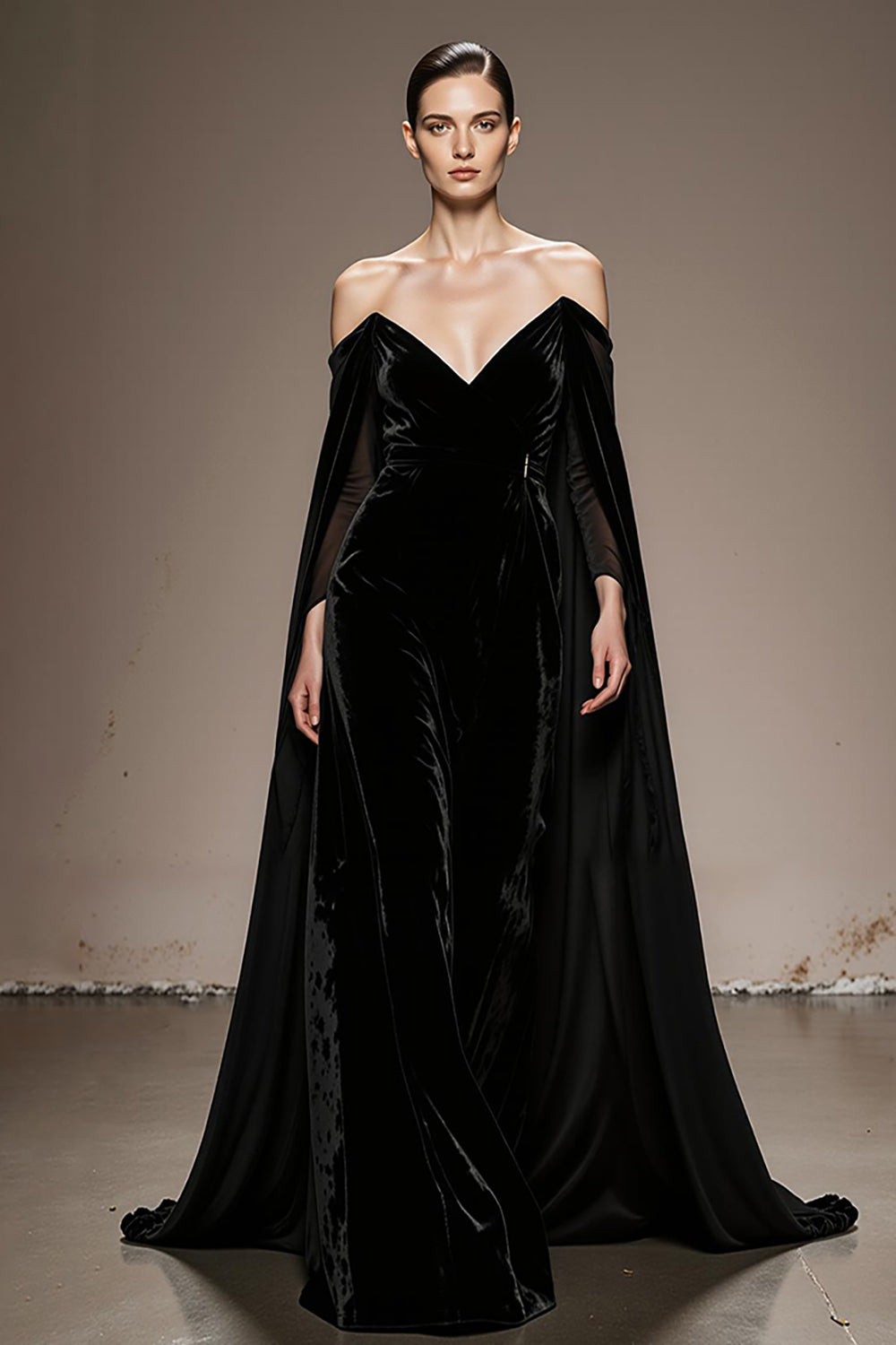Black Velvet Off the Shoulder Long Evening Dress with Sleeves