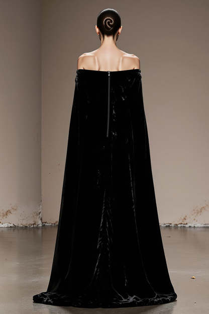 Black Velvet Off the Shoulder Long Evening Dress with Sleeves