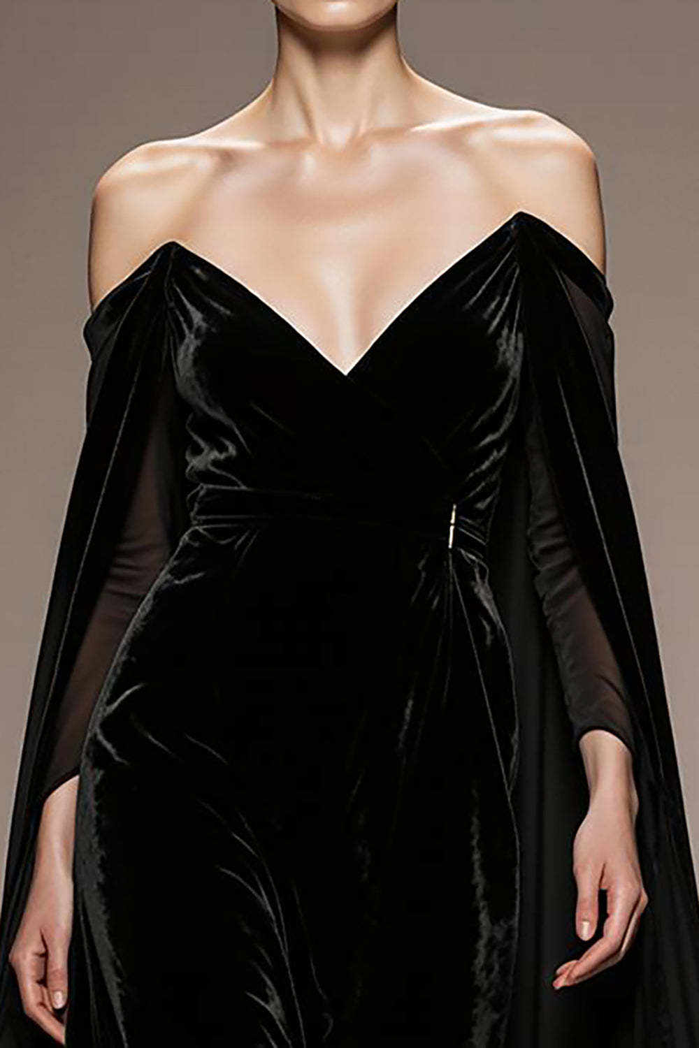 Black Velvet Off the Shoulder Long Evening Dress with Sleeves
