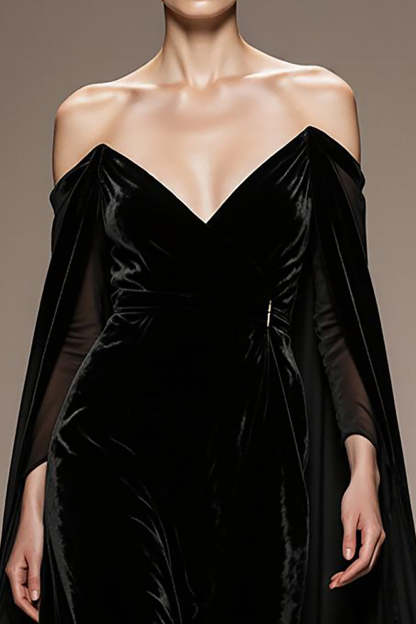 Black Velvet Off the Shoulder Long Evening Dress with Sleeves