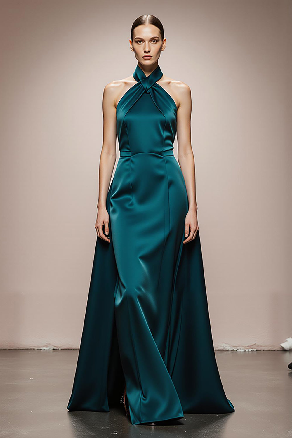 Dark Green Halter Satin Long Formal Dress