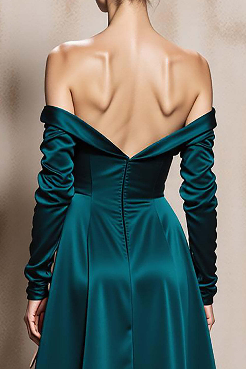 Dark Green Satin Off the Shoulder Long Sleeves Formal Dress with Slit