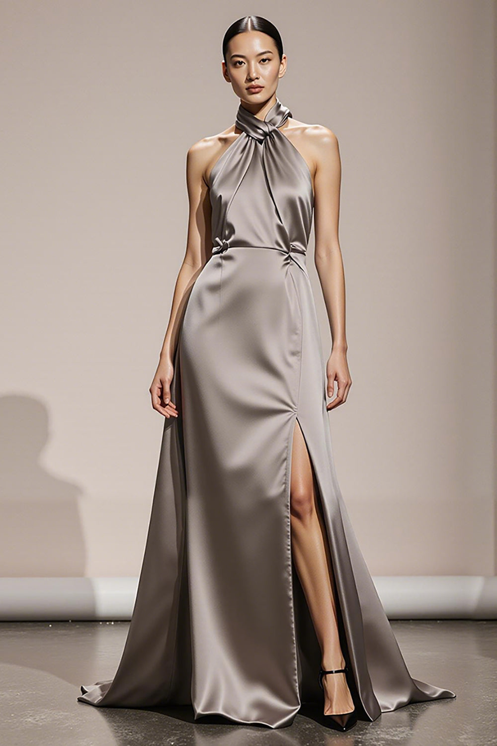 Simple Silver Satin Halter Formal Dress with Slit