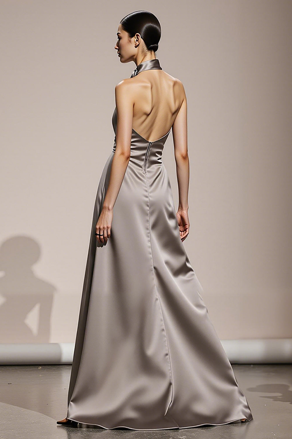 Simple Silver Satin Halter Formal Dress with Slit