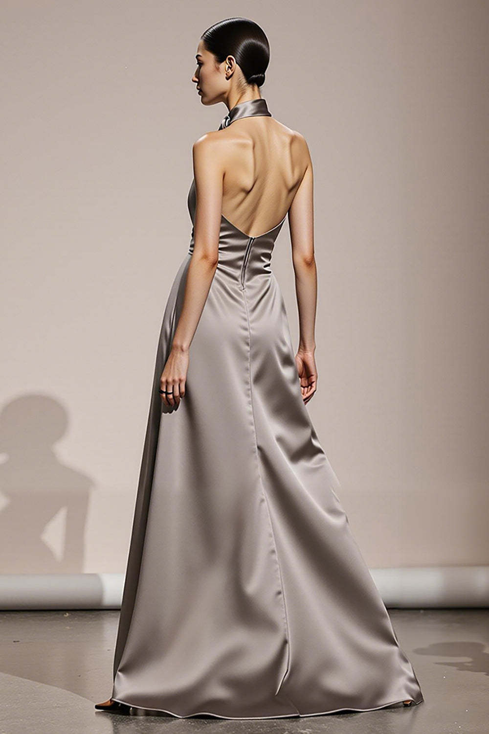 Simple Silver Satin Halter Formal Dress with Slit